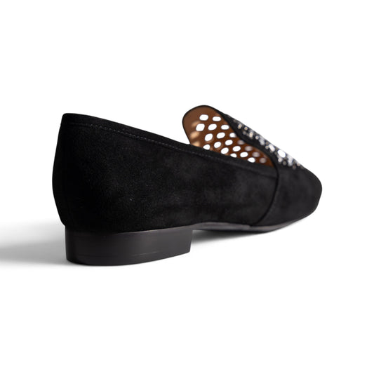 Ruby Mosaic Jet Black suede flat, back view, by Estela
