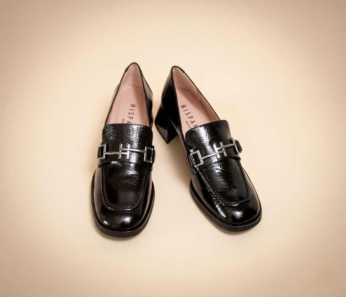 Midnight in Milan black leather loafers, pair top view, by Estela