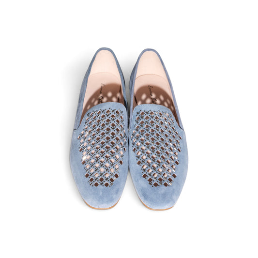 Ruby Mosaic Corn Flour Blue suede flat, viewed from above showing faceted panel detail, by Estela