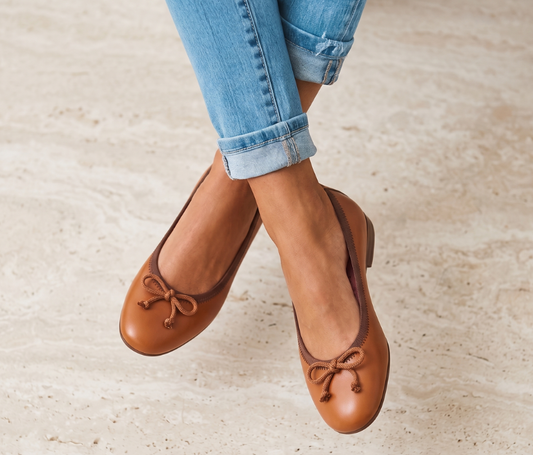 brown leather ballet flats, on model