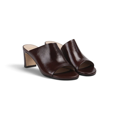 Alba Espresso Glaze leather open-toe mules, pair from above showing open toe, by Estela