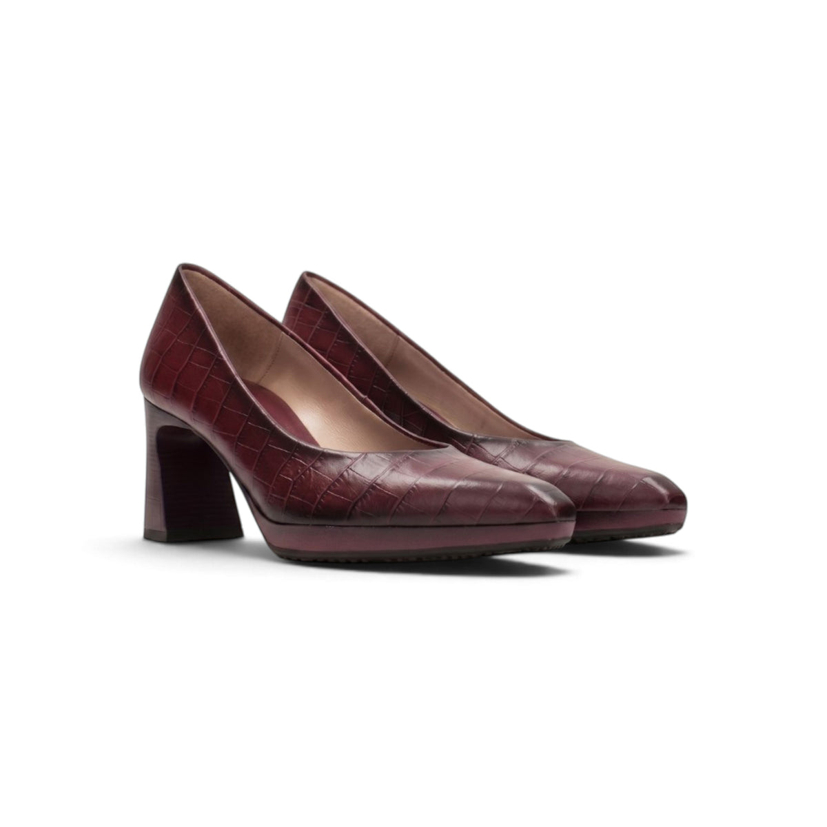 Last Glass of Rioja croc-embossed leather pumps, pair three-quarter view, by Estela