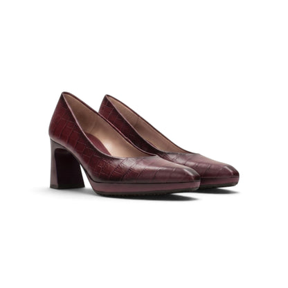 Last Glass of Rioja croc-embossed leather pumps, pair three-quarter view, by Estela