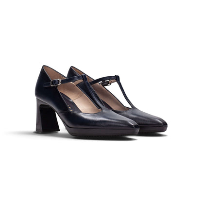 Evenings in San Sebastián navy leather T-bar heels, pair three-quarter view, by Estela