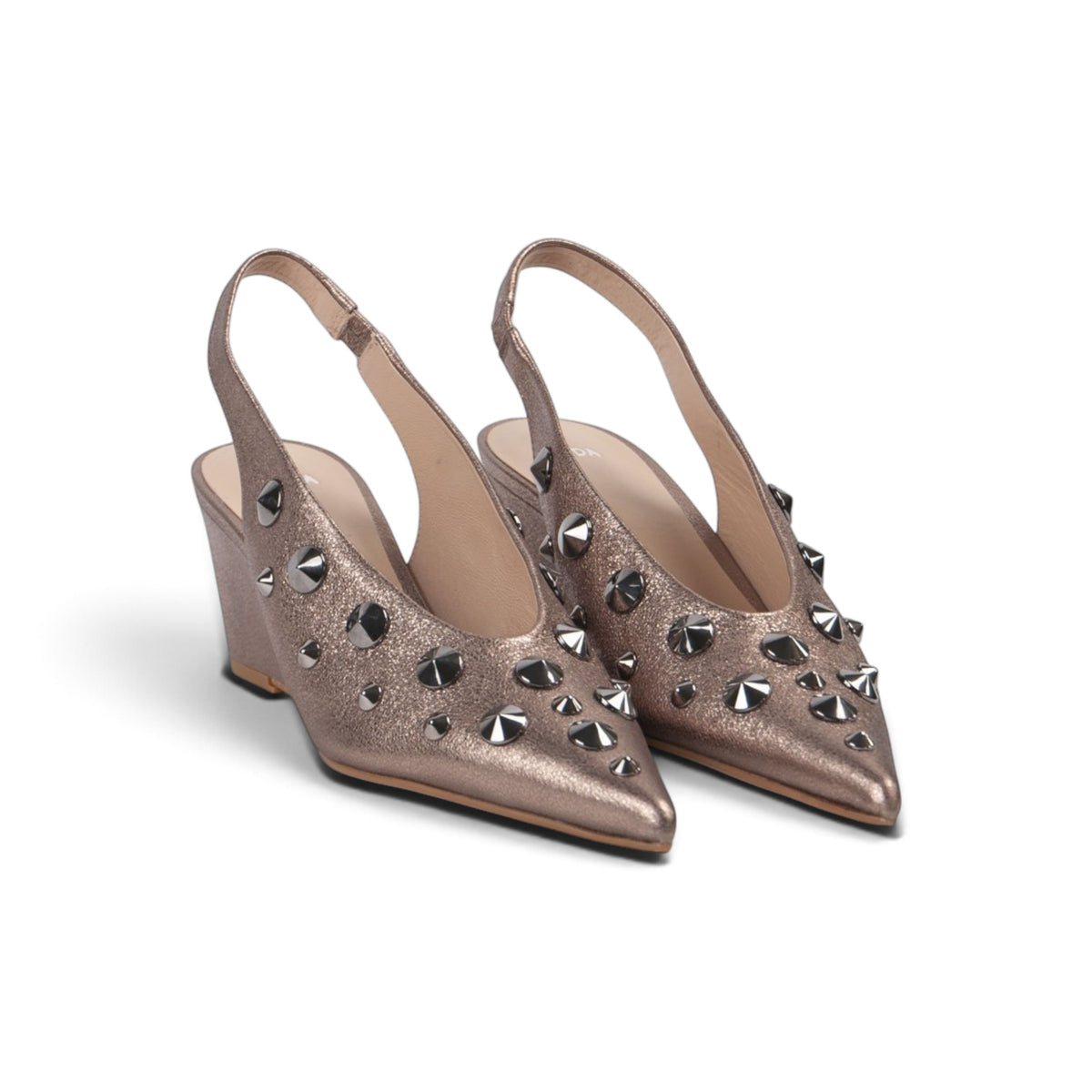 Roxana Antique Rose metallic slingback wedges, pair from behind, by Estela