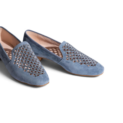 Ruby Mosaic Corn Flour Blue suede flat, side profile, by Estela