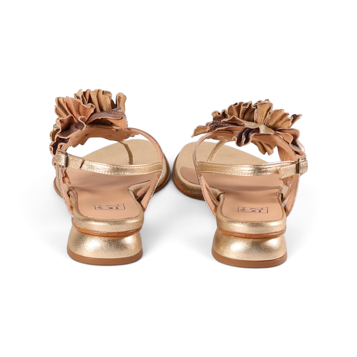 Paloma Gilded Trio gold metallic leather sandal, angled view, by Estela