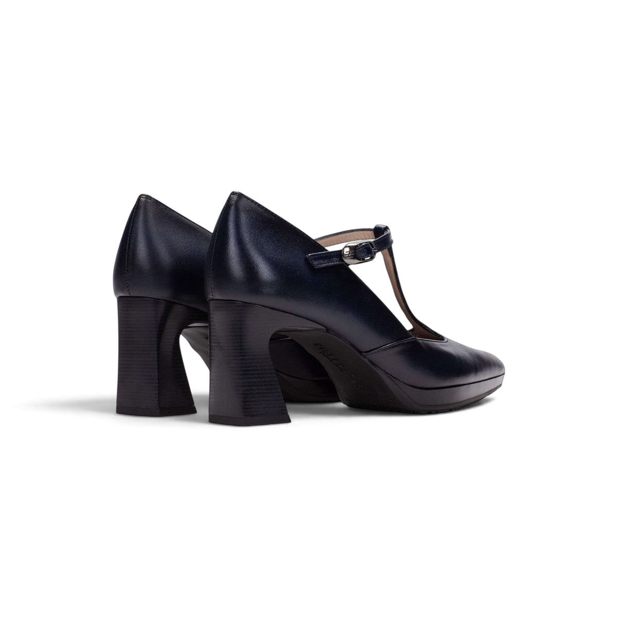 Evenings in San Sebastián navy leather T-bar heels, pair front view showing T-bar detail, by Estela