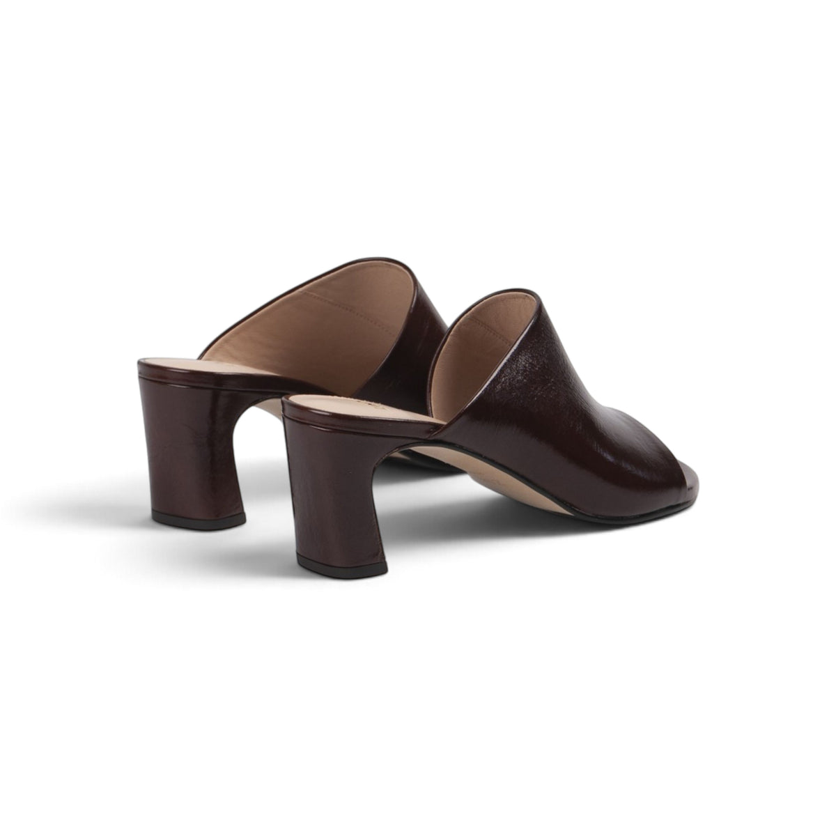 Alba Espresso Glaze leather open-toe mule, back view showing sculpted heel, by Estela