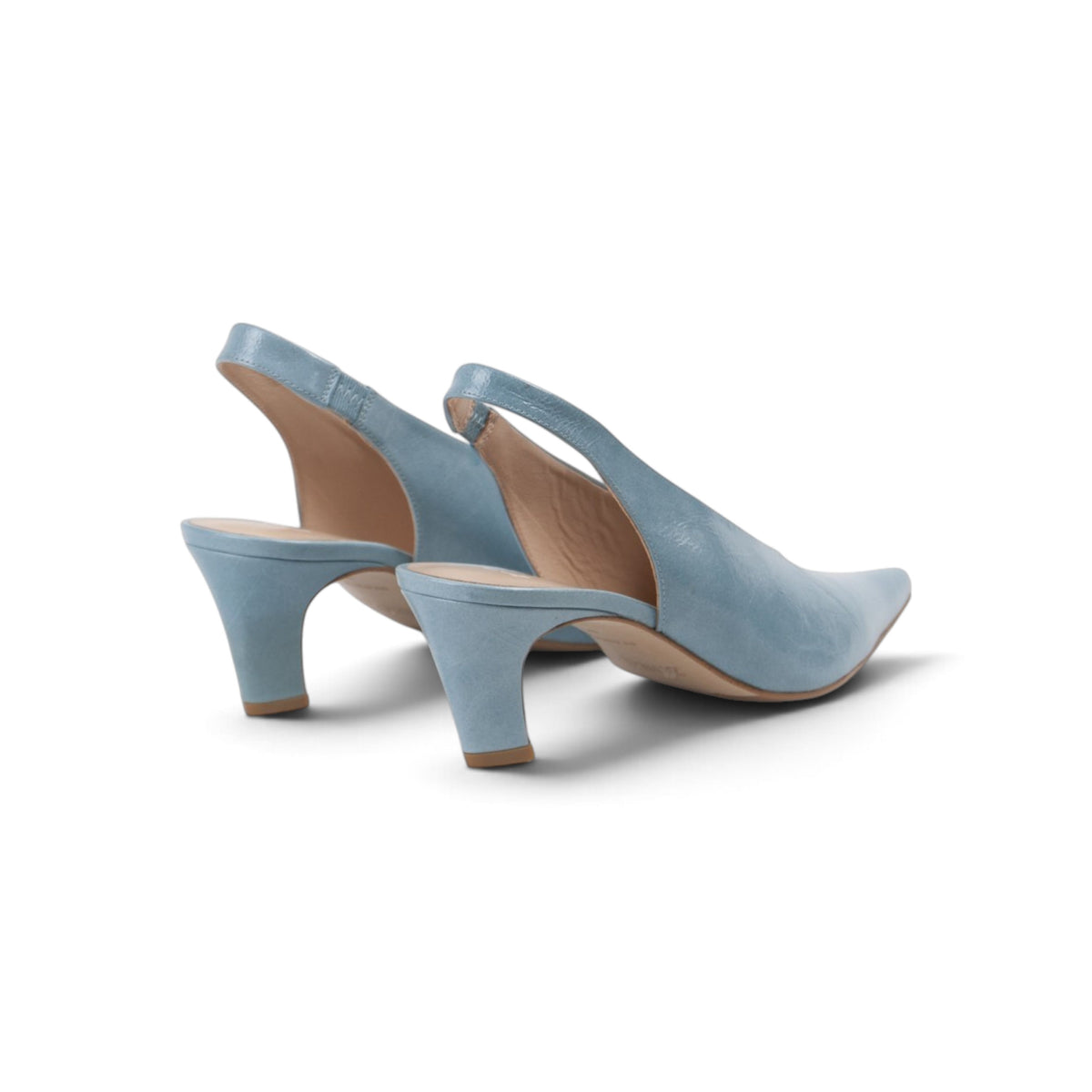 Celia Blue Pearl leather slingback heels, pair side view, by Estela
