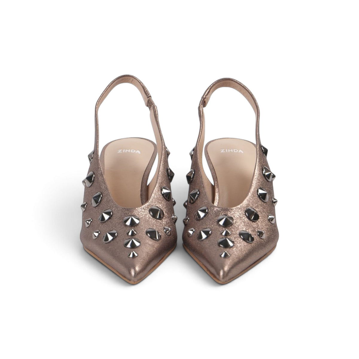 Roxana Antique Rose metallic slingback wedges, pair from above showing stud detail, by Estela