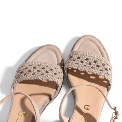 Carmela Natural woven platform wedge sandal, close-up showing woven strap detail, by Estela
