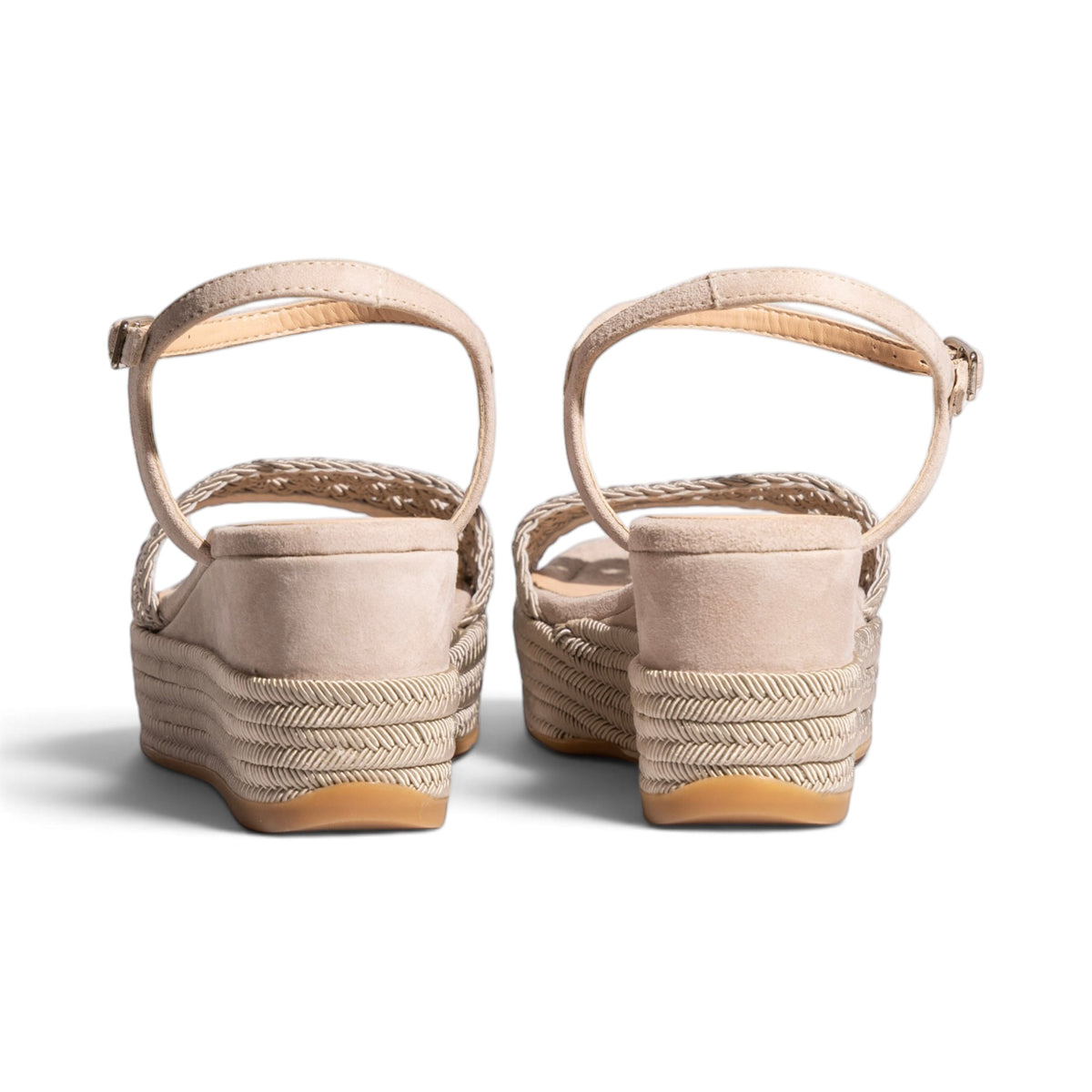 Carmela Natural woven platform wedge sandals, pair from behind, by Estela