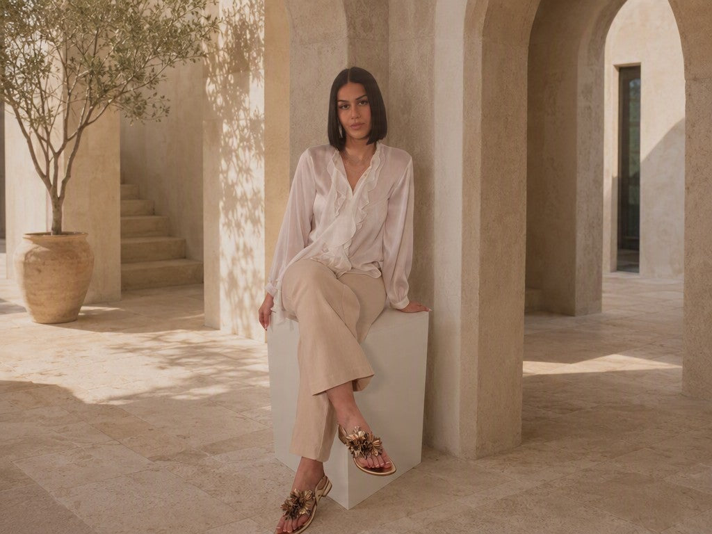 Woman wearing Paloma sandals in a courtyard setting