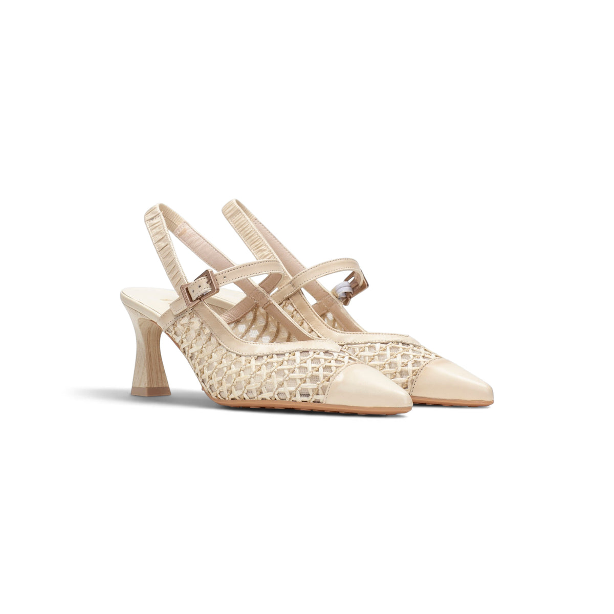 Duna Butter woven leather slingback heel, angled view, by Estela