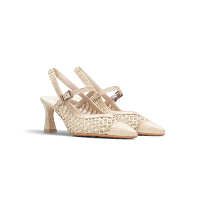 Duna Butter woven leather slingback heel, angled view, by Estela