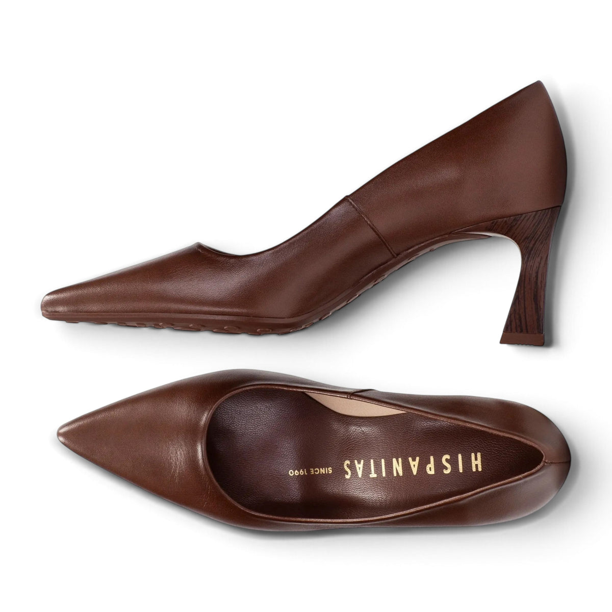Candela Burnished Chocolate leather court heel, alternate angle view, by Estela