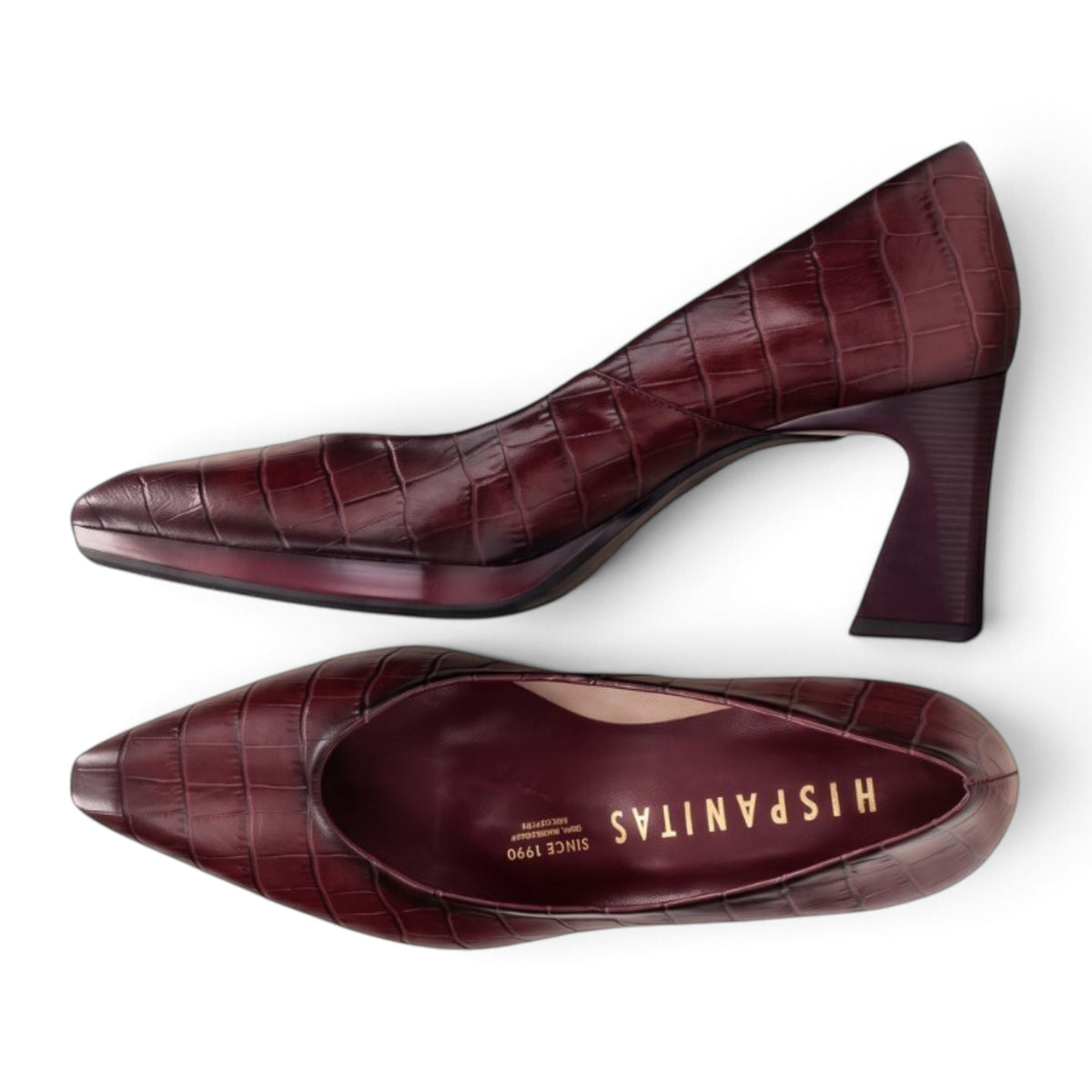 Last Glass of Rioja croc-embossed leather pump, viewed from above showing insole, by Estela