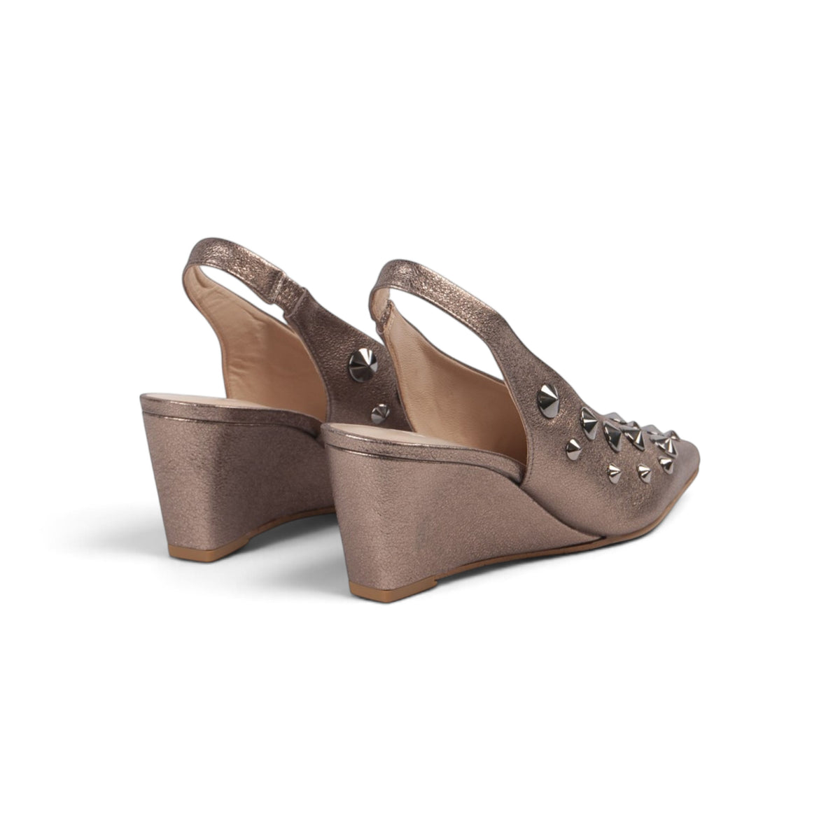 Roxana Antique Rose metallic slingback wedge, side and back view showing wedge heel, by Estela