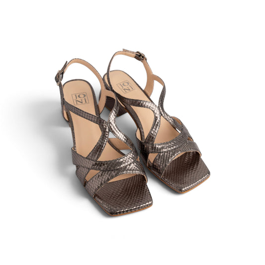 Luna Gun Metal Python leather heeled sandal, side profile, by Estela