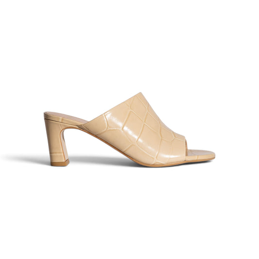 Alba Champagne Sand croc-embossed leather mule, back and heel view, by Estela