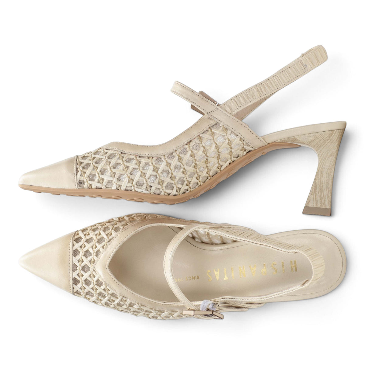 Duna Butter woven leather slingback heel, three-quarter view, by Estela
