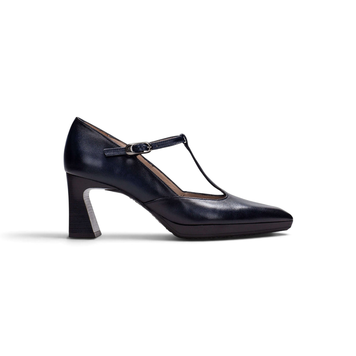 Evenings in San Sebastián navy leather T-bar heel, side profile, by Estela