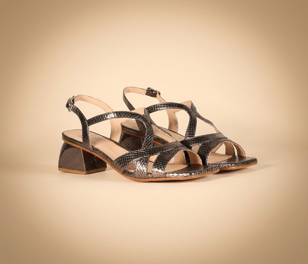 Luna Negra strappy metallic leather sandals, front view pair