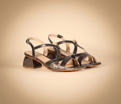 Luna Negra strappy metallic leather sandals, front view pair