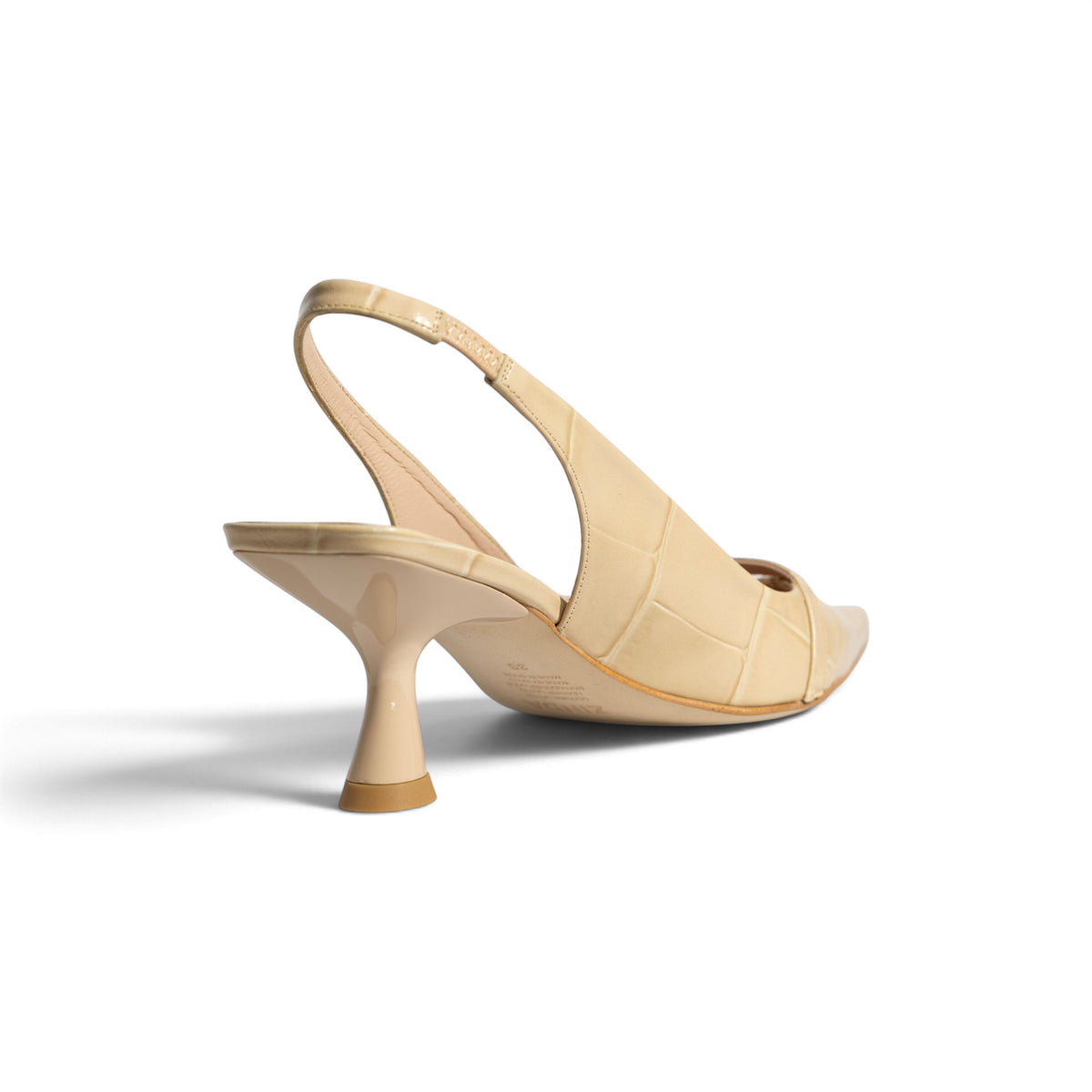 Inés Champagne Sand croc-embossed leather slingback, back view, by Estela