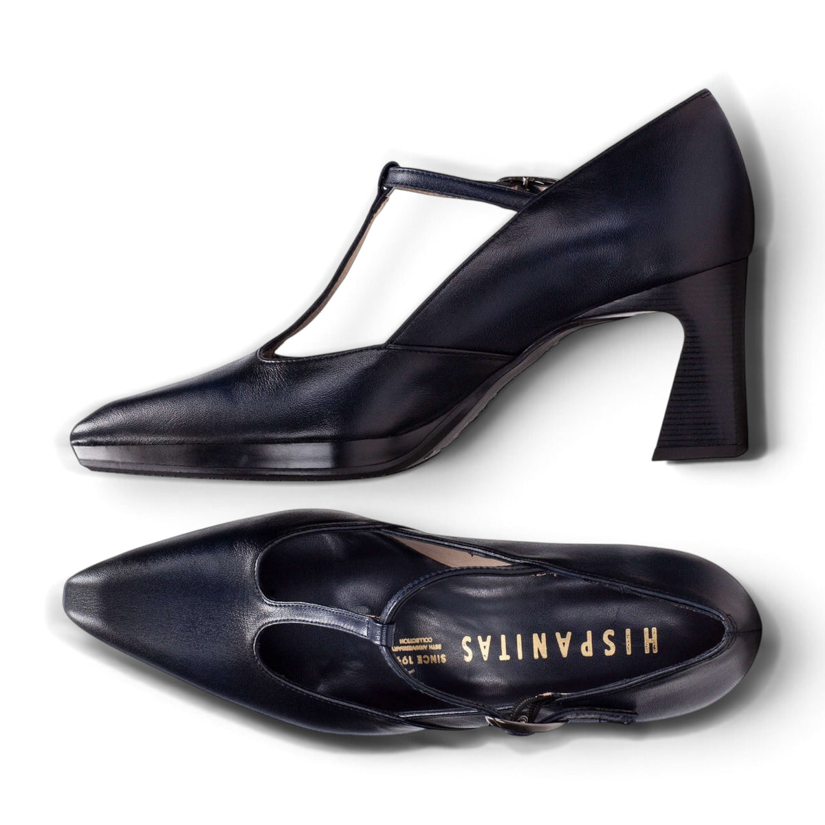 Evenings in San Sebastián navy leather T-bar heel, viewed from above showing insole, by Estela