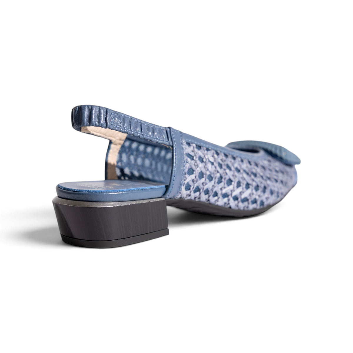 Mara Jean leather slingback sandal, three-quarter view showing pointed toe, by Estela