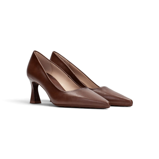 Candela Burnished Chocolate leather court heel, three-quarter front view, by Estela
