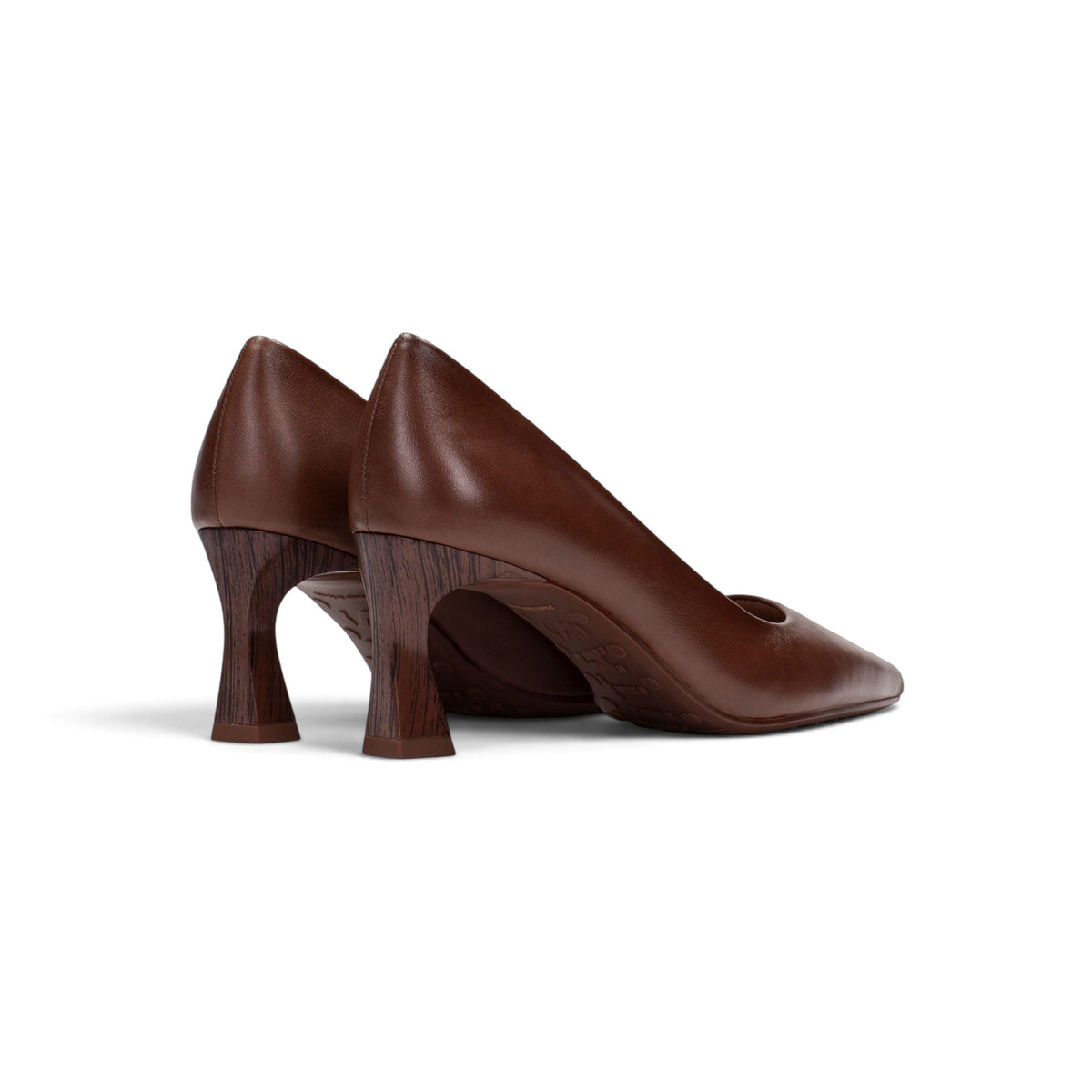 Candela Burnished Chocolate leather court heel, angled view showing gradient tone, by Estela