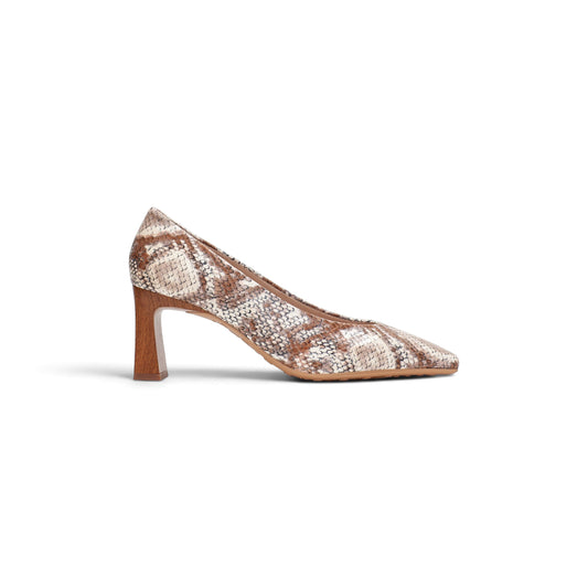 Canela cognac python-effect leather court heel, side profile, by Estela