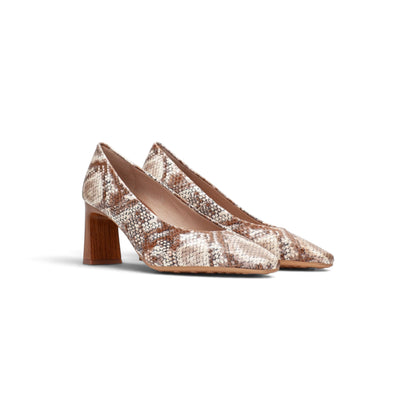 Canela cognac python-effect leather court heel, three-quarter view, by Estela