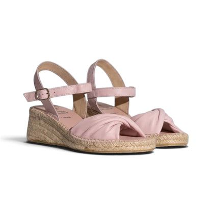 Rosita Blush leather espadrille wedge, three-quarter view showing twisted vamp, by Estela