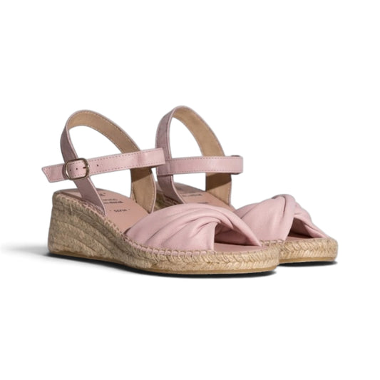 Rosita Blush leather espadrille wedge, three-quarter view showing twisted vamp, by Estela