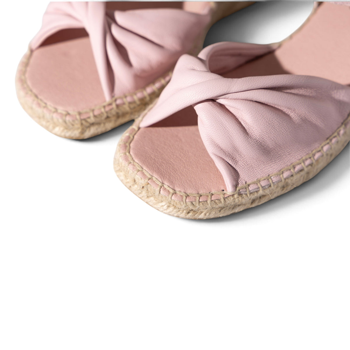 Rosita Blush leather espadrille wedge, close-up from above showing twisted vamp and sole, by Estela