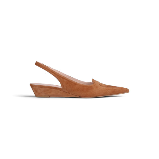 Triana Tobacco suede pointed slingback, side profile, by Estela
