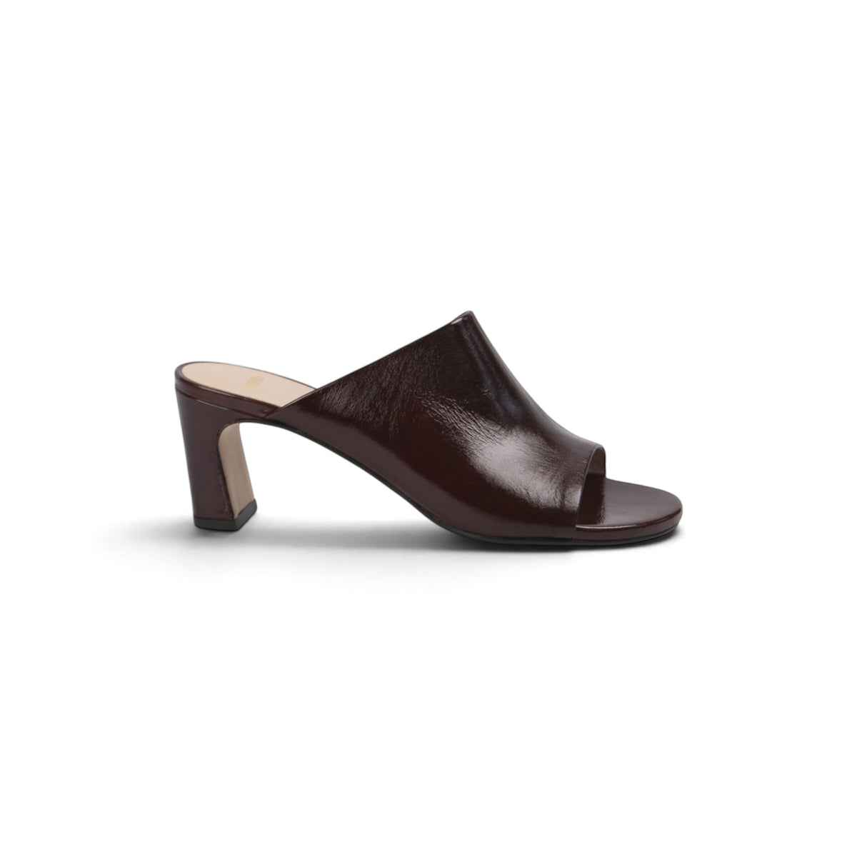 Alba Espresso Glaze leather open-toe mule, side profile, by Estela