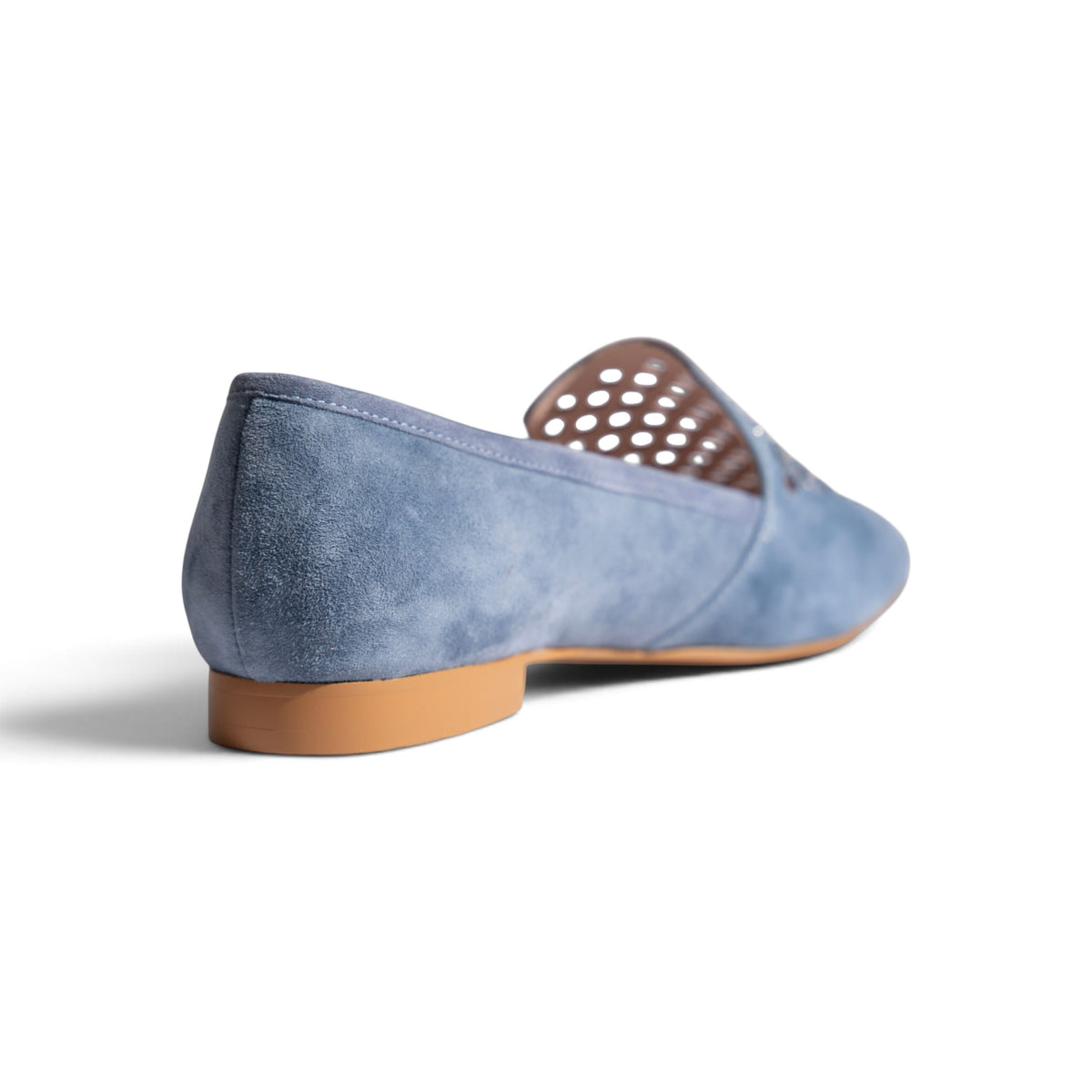 Ruby Mosaic Corn Flour Blue suede flats, pair viewed from behind, by Estela