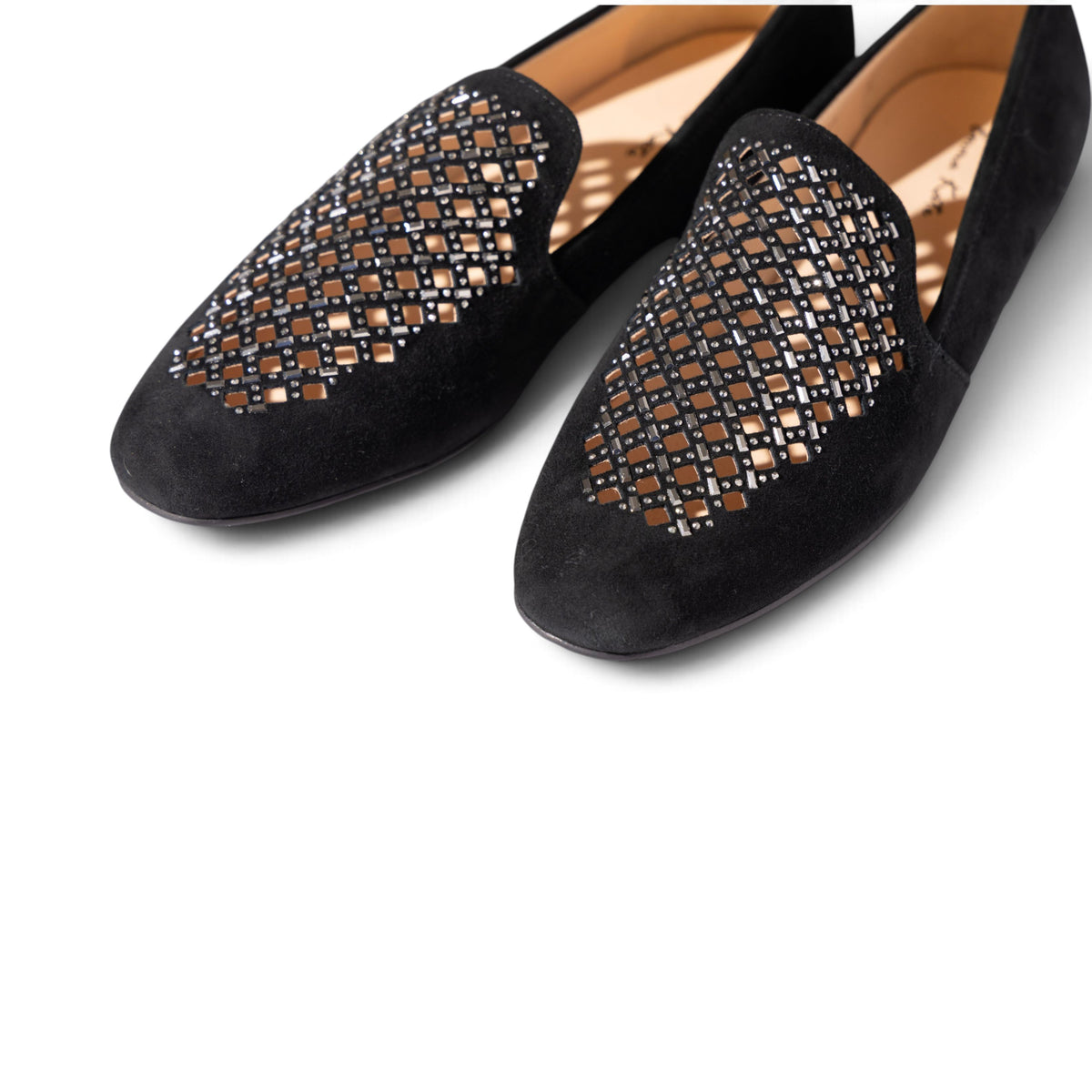 Ruby Mosaic Jet Black suede flat with faceted embellishment, angled view, by Estela