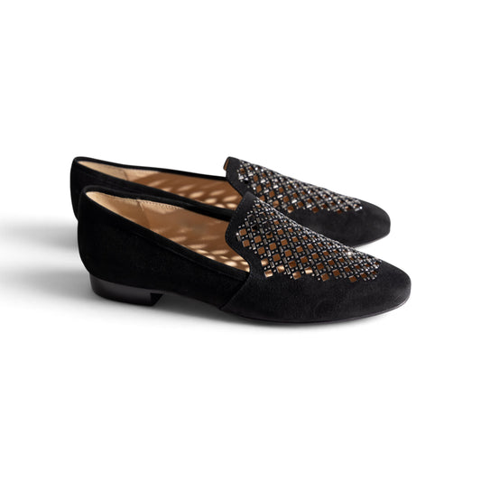 Ruby Mosaic Jet Black suede evening flat with faceted embellishment, side profile, by Estela