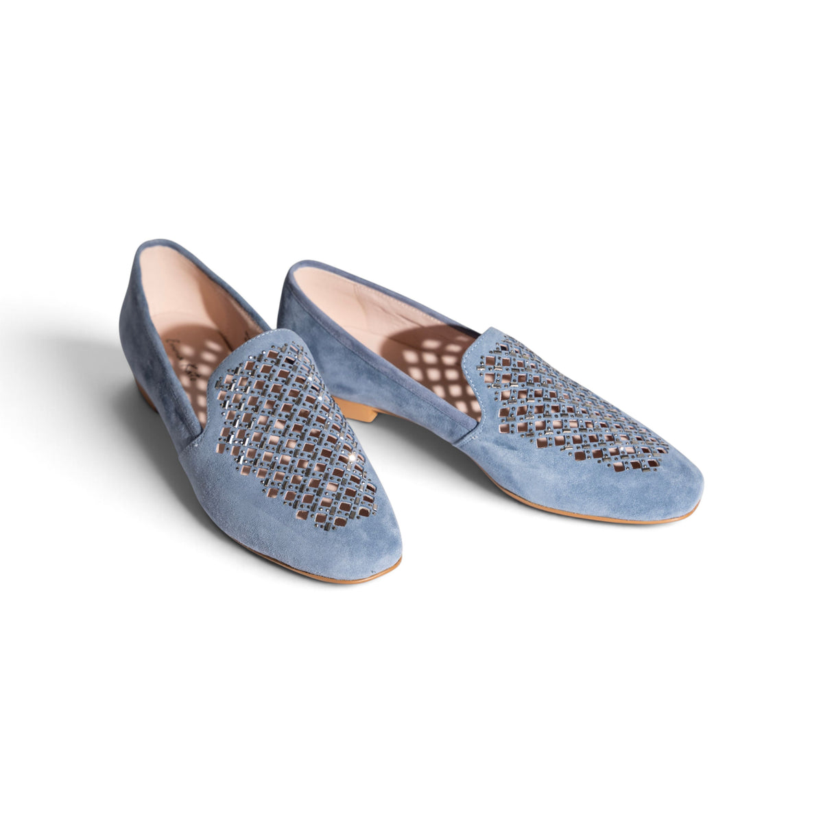 Ruby Mosaic Corn Flour Blue suede flats, pair side view showing faceted embellishment, by Estela