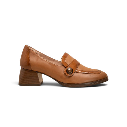 Espresso in Milan cognac leather loafer, side profile, by Estela