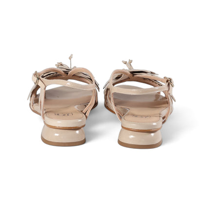 Dalia Champagne Pearl floral leather sandal, angled view, by Estela