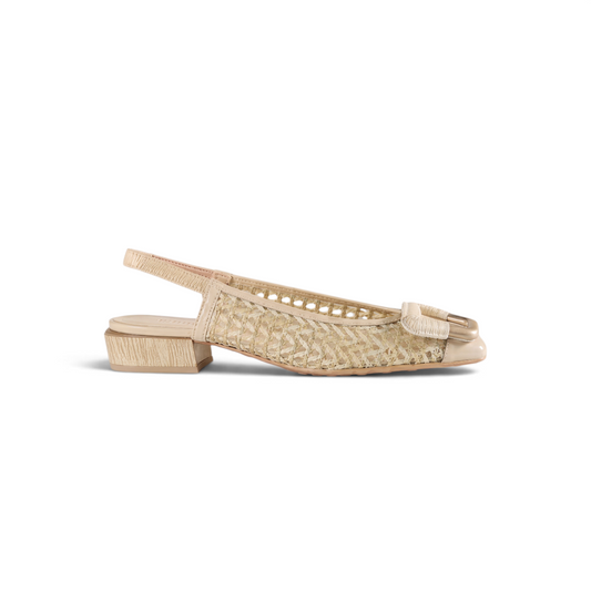 Mara woven leather slingback sandal, side profile, by Estela