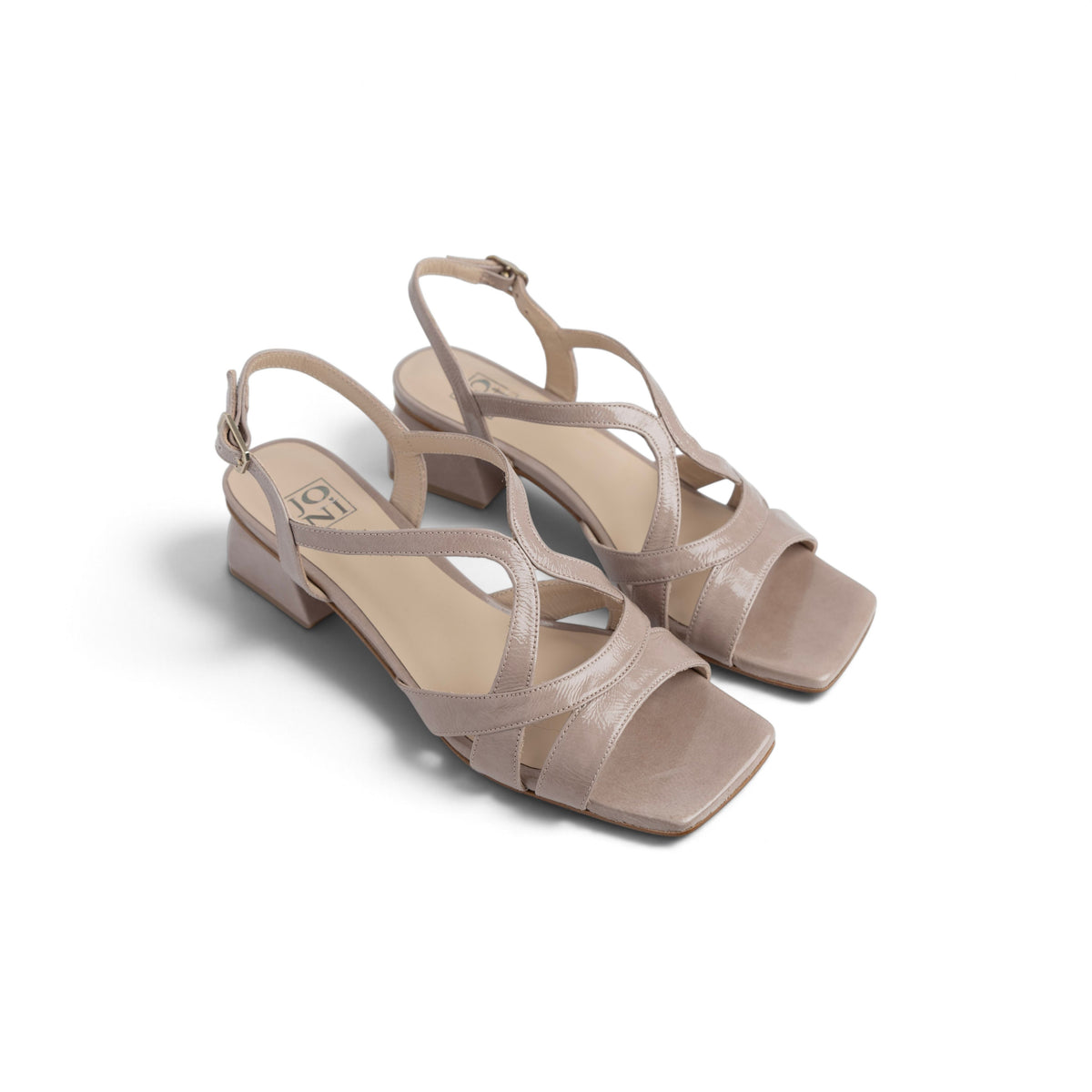 Luna Sand Rose naplak leather sandal, close-up back view showing heel detail, by Estela