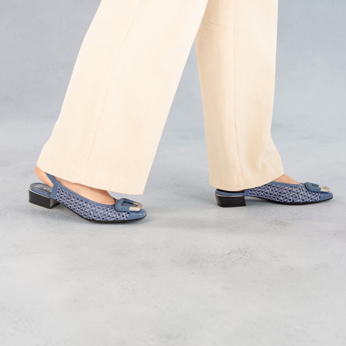 Mara Jean leather slingback sandals, walking close-up, by Estela
